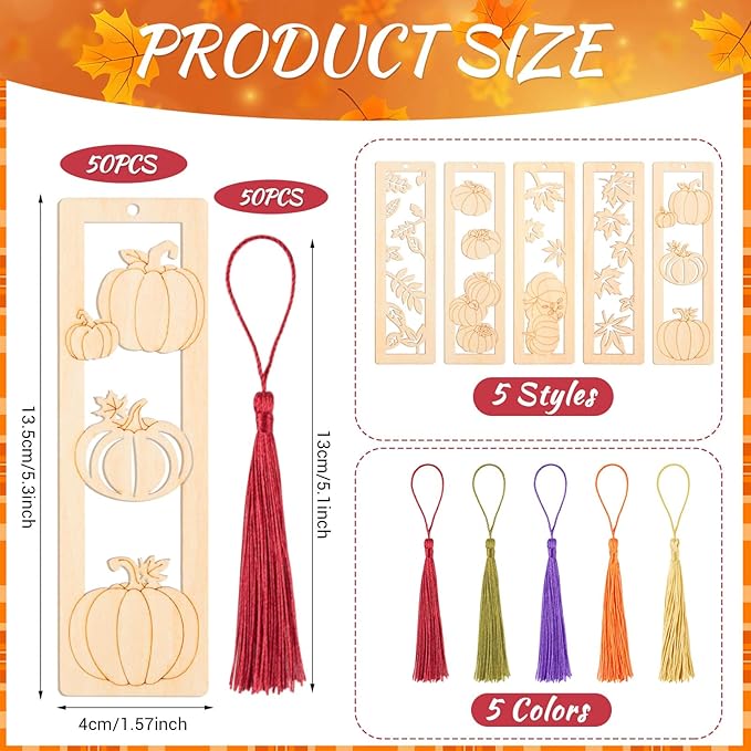 Yexiya 100 Pcs/50 Set Thanksgiving DIY Wooden Bookmarks Bulk for Book Lovers, Fall Bookmarks Decorations, Maple Leaf Pumpkin Book Markers for Women Men, Autumn Birthday Holiday Gift Art Project