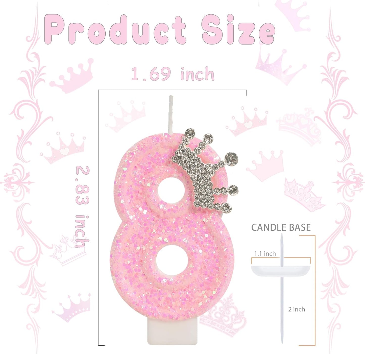 Birthday Candle for Cake, Crown Pink Number Candles, 2.76 inch Cake Topper Decoration for Princess Birthday Party (Number 8)
