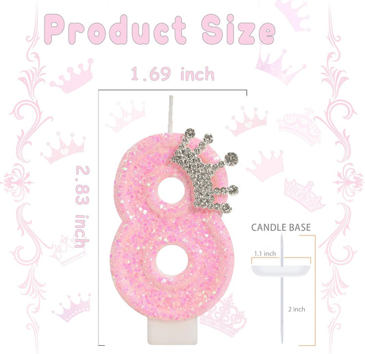 Birthday Candle for Cake, Crown Pink Number Candles, 2.76 inch Cake Topper Decoration for Princess Birthday Party (Number 8)