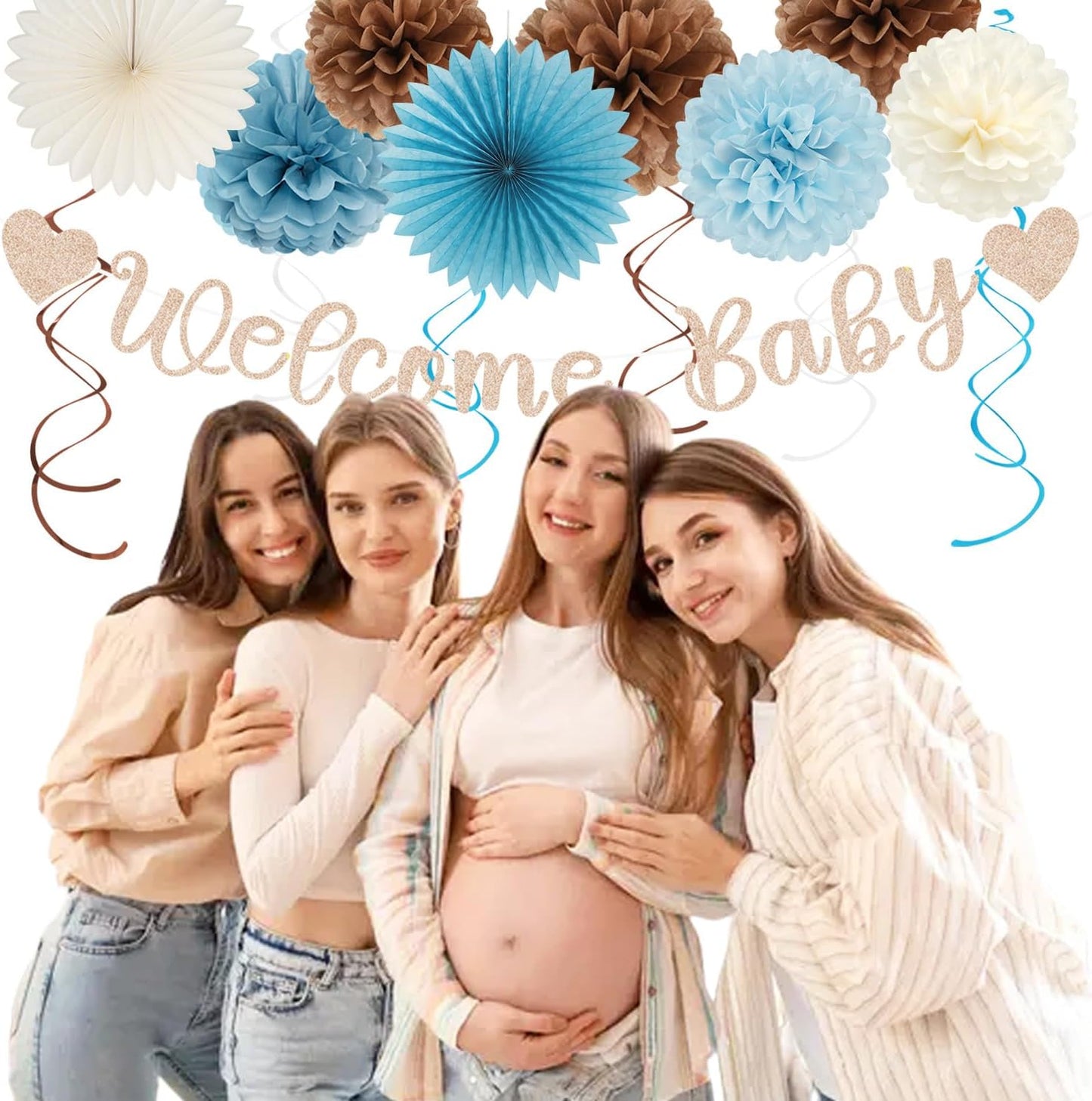Dusty-Light Blue-Brown Baby Shower Party-Decorations - 22pcs Boys Welcome Baby Banner, White Paper Lanterns Streamers, Coffee Tissue Pom Poms Flowers Fans Decor Hugmoon