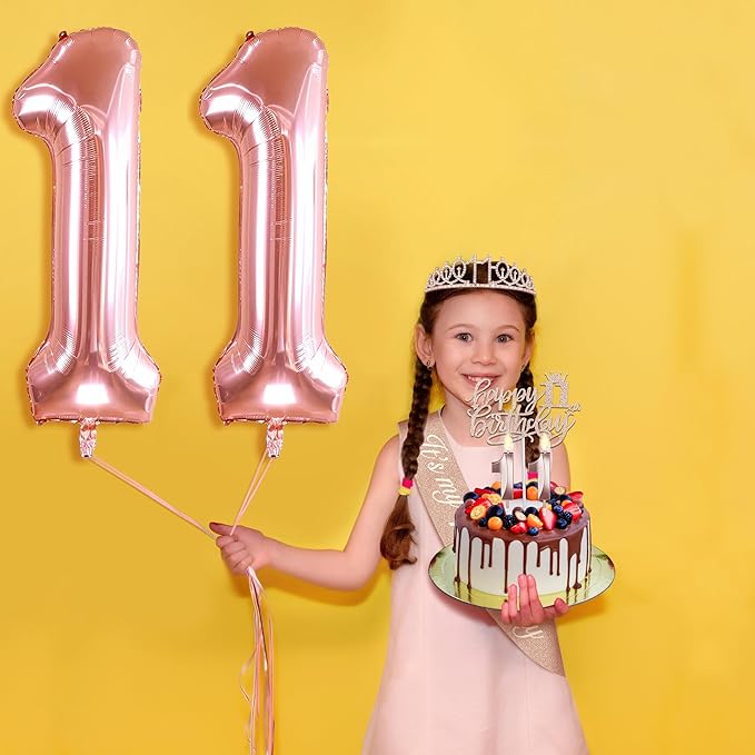 11th Birthday Decorations for Girls, Including 11th Birthday Sash and Tiara, 11 Candles and Cake Toppers, Rose Gold 11 Balloons and 3D Birthday Card, 11th Birthday Gifts for Girls 11 Year Old Birthday Party