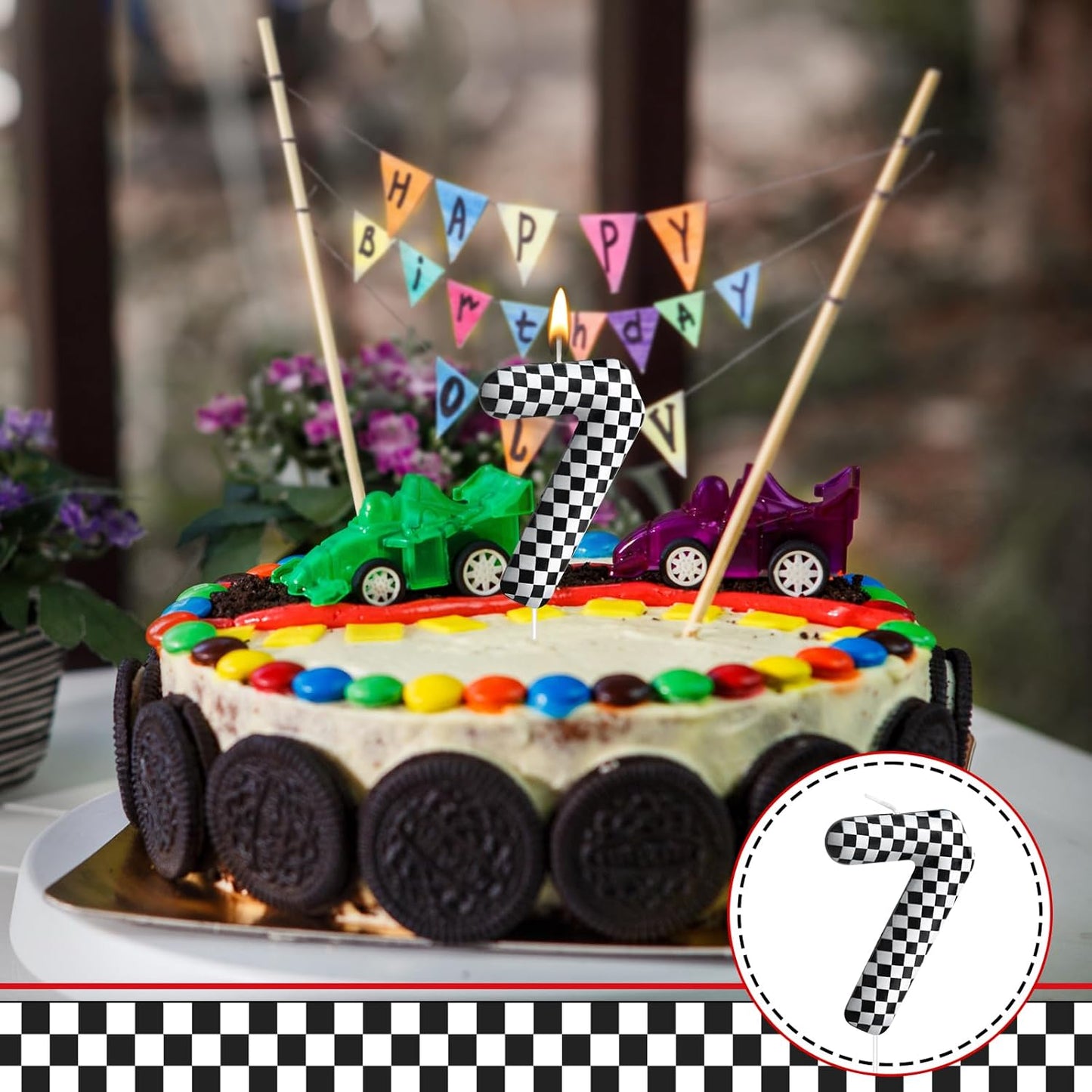 Racing Cars Themed Birthday Candle Number 7 Checkered Candle Birthday Party Decoration Cake Topper for Racing Car Party Decoration Theme Party Supplies (Number 7)
