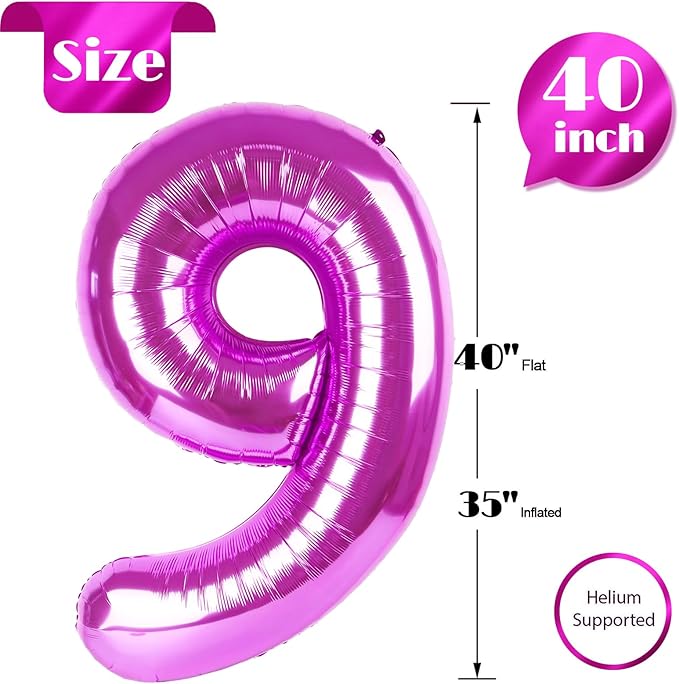 Rosy Purple 9 Balloon, Number Balloons 40 Inch, 9th Giant Birthday Decorations for Girls, 19th 29th Party Decorations Supplies, Number 9 Balloon