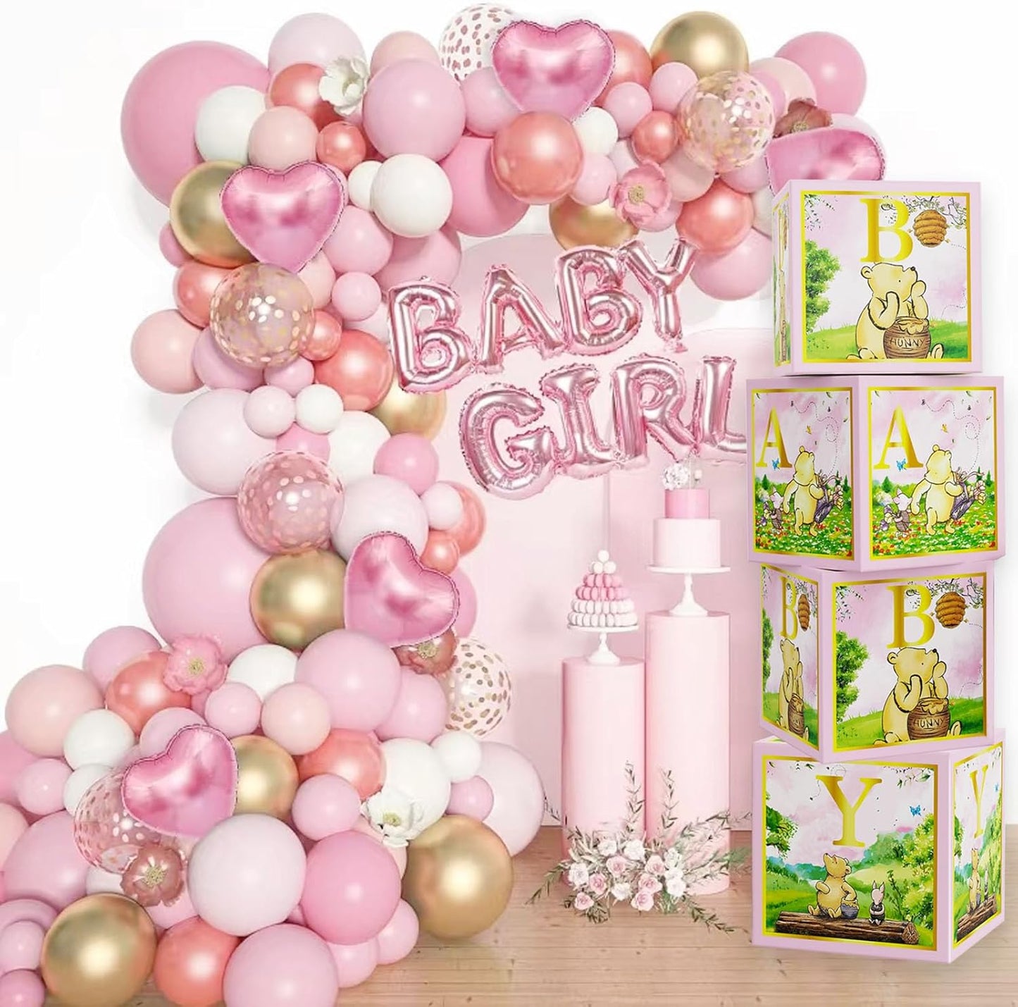 Classic Winnie Baby Shower Boxes Pink for Newborn Baby Girl Boy, Vintage Winnie Bear First 1st Birthday Party Decorations the Pooh Theme Box Block Supplies for Kids Cake Smash Photography Favor Props