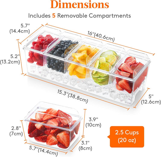 Lifewit 4 Pack Ice Chilled Condiment Caddy with 5 Containers(2.5 cup), Condiment Server with Separate Lids, Serving Tray Platter for Bar Accessories, Fruit, Salad, Taco, Party Garnish