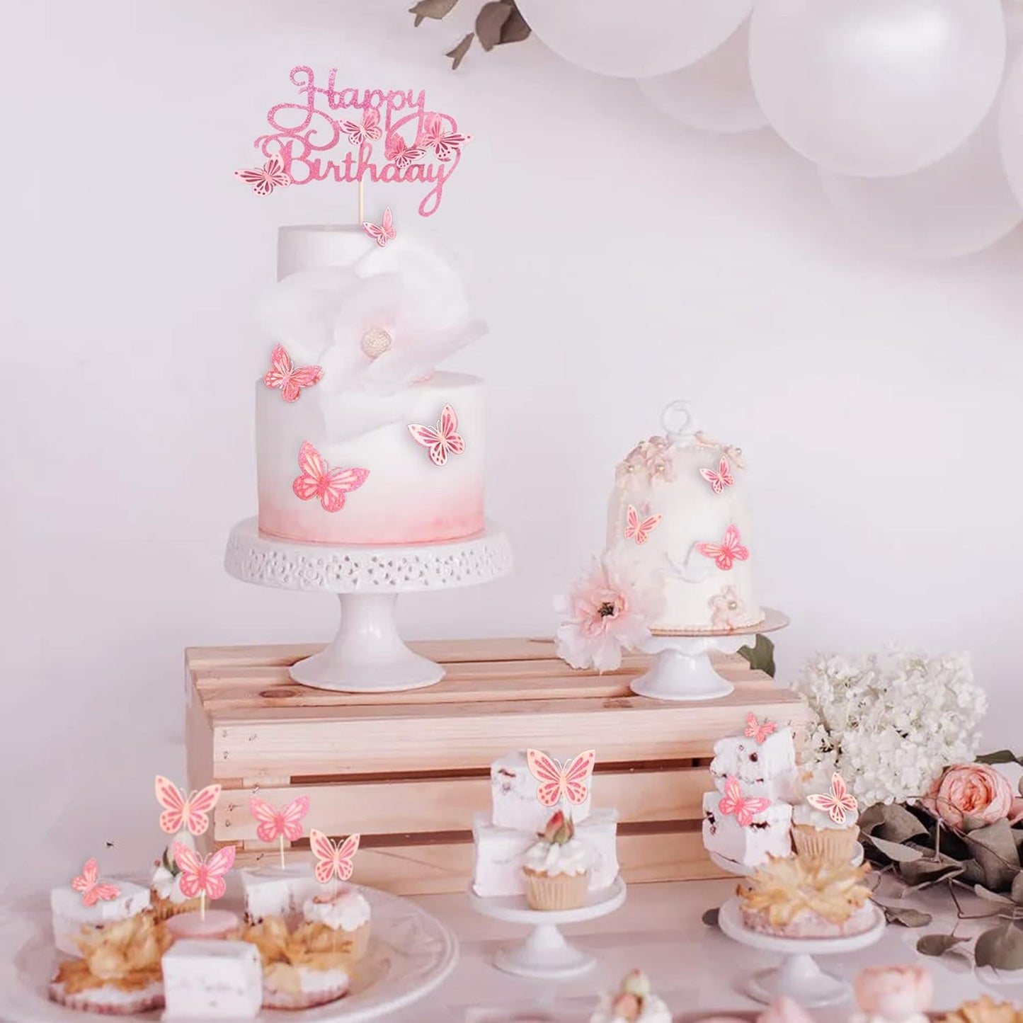 13-Pieces Pink Butterfly Cake Toppers 3D Butterfly Cupcake Topper for Girls Women's Happy Birthday Cake Topper Butterfly Birthday Cake Decorations Butterfly Party Decorations (Pink)