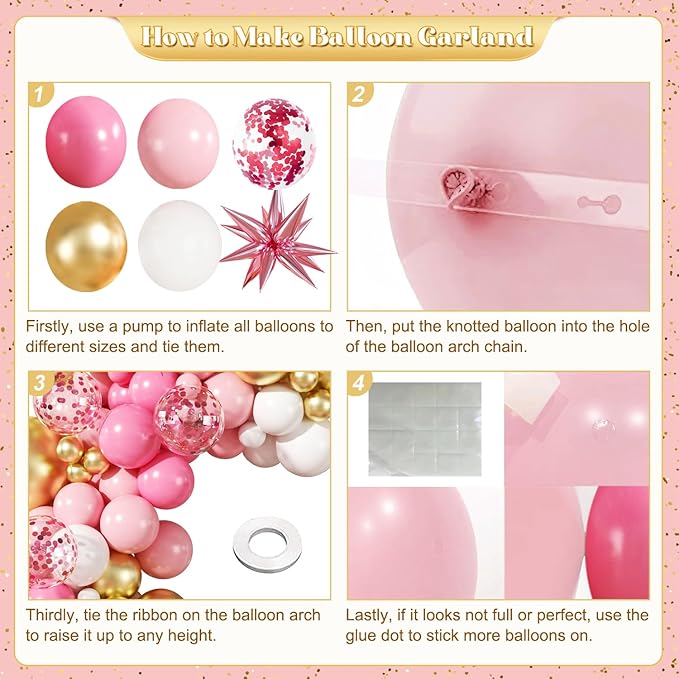 Pink White Gold Balloon Garland Arch Kit, 140Pcs Hot Pastel Pink Gold White Confetti Balloons With Stars for Birthday Wedding Birdal Shower Gender Reveal Graduation Party Decorations