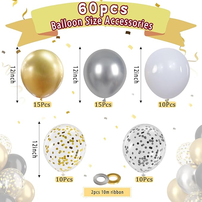 White and Gold Balloons, 60Pcs 12Inch White Latex Balloons Metallic Gold Silver Confetti Balloons with Ribbon for Girls Boys Birthday Baby Shower Wedding Graduation Engagement Party Decoration