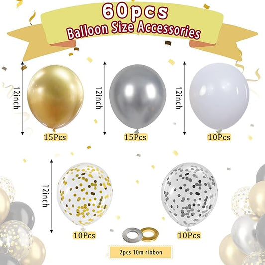White and Gold Balloons, 60Pcs 12Inch White Latex Balloons Metallic Gold Silver Confetti Balloons with Ribbon for Girls Boys Birthday Baby Shower Wedding Graduation Engagement Party Decoration