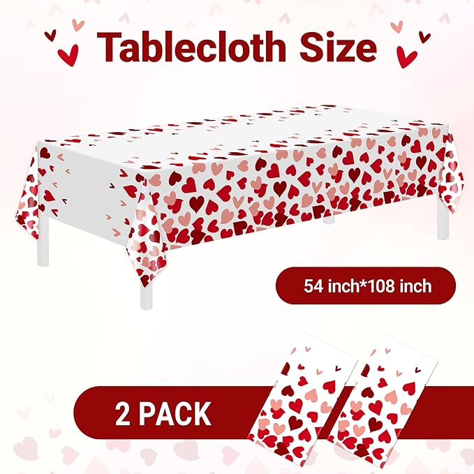 Childom 2 Pcs Valentines Day Tablecloths for Valentines Day Decorations,54" x 108" Disposable Plastic Tablecloths,Rectangle Red Heart Table Cover for Party Decorations Mothers Day Anniversary Birthday