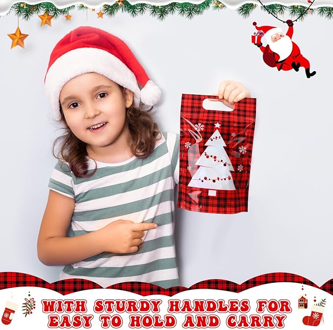 Blosssound 50 Pcs Christmas Party Gift Bags Red Black Plaid Plastic Bags Xmas Buffalo Favor with Handle for Christmas Holiday Party Candy Guests Gift Wrapping Supplies Decor (Buffalo Plaid)
