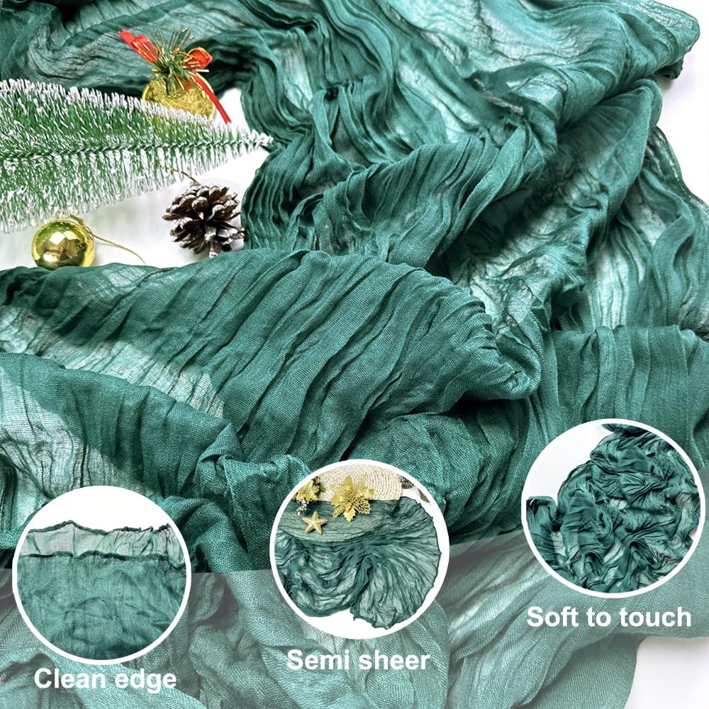 Booque Valley Christmas Table Runner 3 Pack Green Cheesecloth 10ft Soft Boho Wrinkled Decorative Gauze Sheer for Holiday Party Baptism Wedding Centerpiece Table Decor, 35x120 Inch