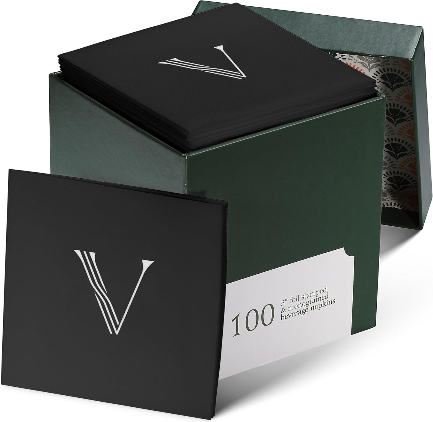 100 Pack Disposable Monogrammed Cocktail Napkins Black, 5"x5" Linen-Feel Silver Foil Letter V Paper Napkins, Initial White Beverage Napkins For Wedding, Party, Bar Or Holiday