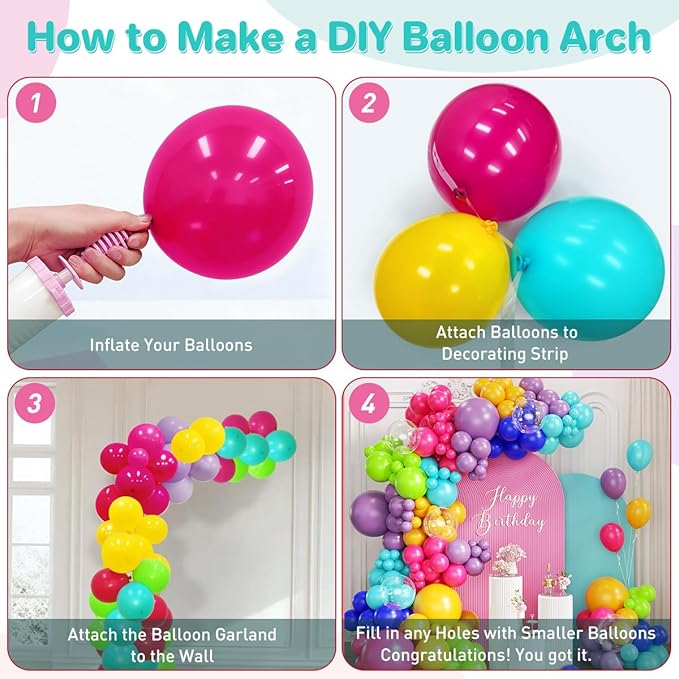 Colorful Rainbow Balloon Garland Arch Kit, 167Pcs Multicolor Neon Primary Color Balloons for Birthday Summer Pool Tropical Theme Carnival Party Decorations