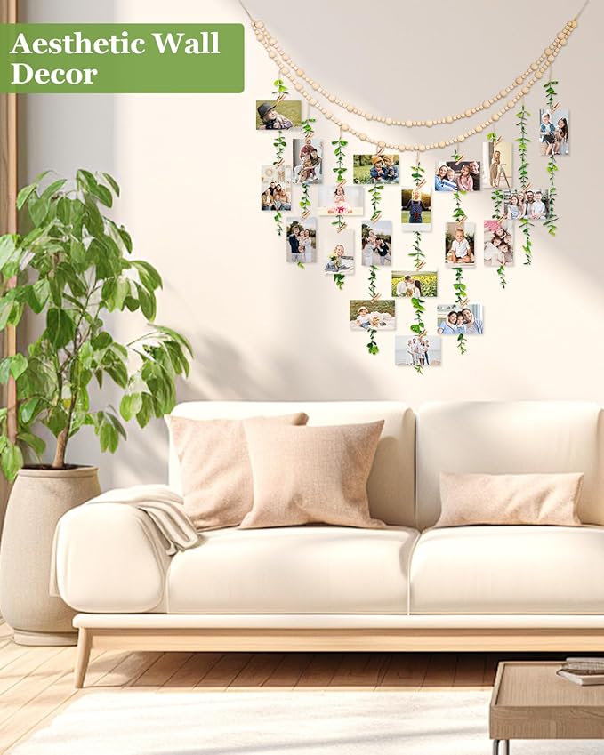 Boho Wall Decor with Photo Hanging Clips, Wooden Beads Garland with Greenery Eucalyptus Decor, Aesthetic Room Essentials for Bedroom, Office Cubicle, Home Wall Decoration