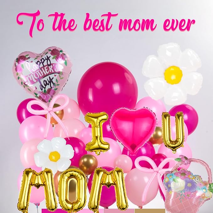 Mothers day Balloon Garland Kit with Pink and Gold Rustic Elegant Party Decorations with Foil Heart Letters Floral Basket Daisy Balloons for Indoor Outdoor Party Supplies