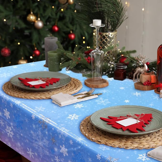 Buryeah 6 Pcs Winter Snowflake Disposable Tablecloth Decorations, Blue and Purple Wonderland Plastic Table Cover 54 x 108 Inch Christmas Dining Tablecloth for Winter Holiday Theme Party Supplies