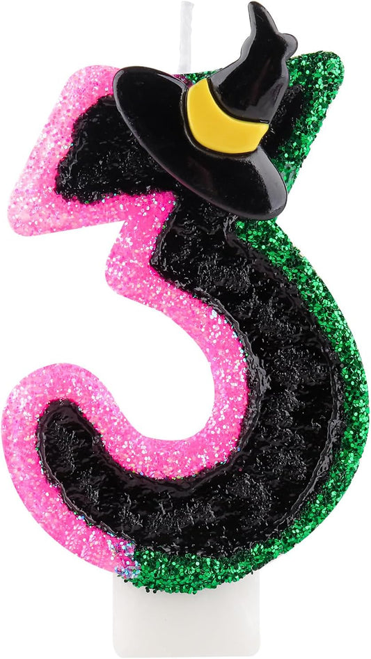 Pink Green Birthday Number 3 Candles for Cake, Pink Green Black Party Decorations, Witch Birthday Decorations for Girls