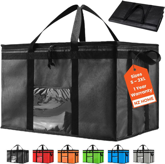 NZ home Insulated Cooler Bag and Food Warmer (3XL, 10-Pack) for Delivery & Grocery Shopping with Zippered Top, Black