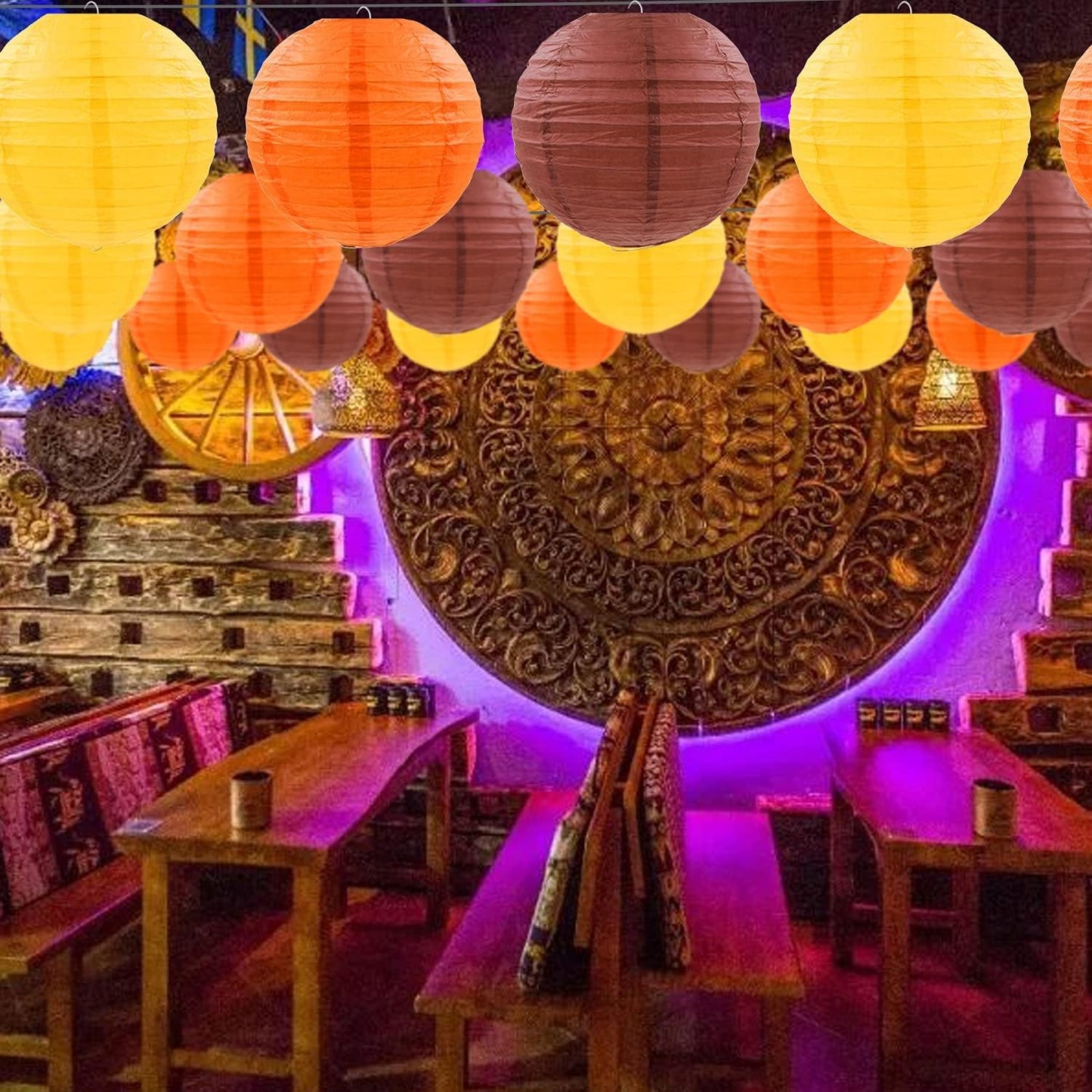 12 Pcs Fall Paper Lanterns Thanksgiving Decorations Yellow Orange and Brown Paper Lanterns Autumn Decorative Round Hanging Party Decorations Harvest Theme Party Supplies