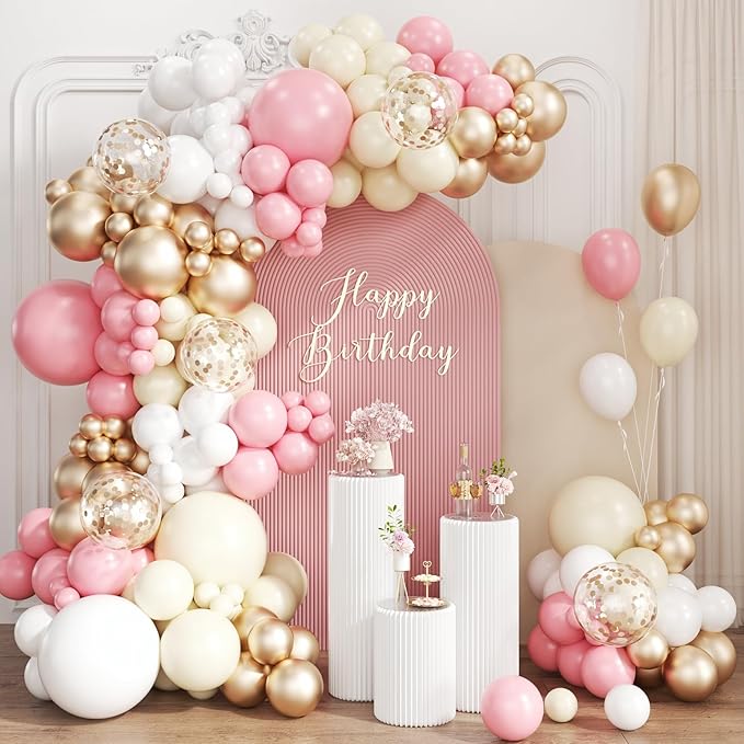 Pink White and Gold Balloon Garland Arch Kit, 167Pcs Latex Balloons Different Sizes Blush Ivory White Champagne Gold for Engagement Baby Shower Birthday Party Decorations
