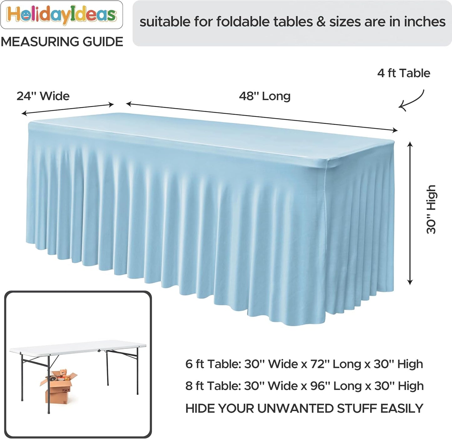 HolidayIdeas Floor Length 4ft Spandex Tablecloth Fitted Stretch Table Skirts 24x48 Inch, Ruffle Design Wrinkle-Free Polyester Table Cover for Weddings Parties Banquets Events,Baby Blue, 2 Pcs