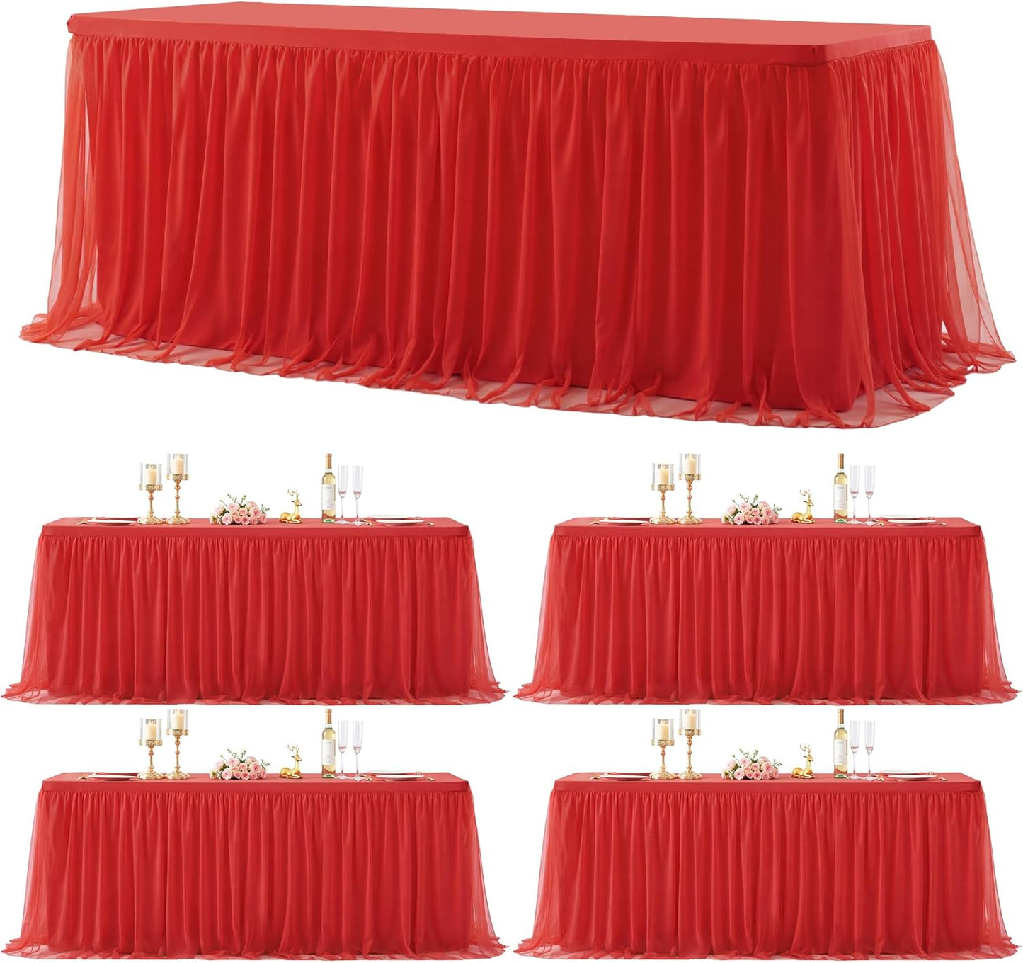 Suppromo 4 Pack 8ft Red Tulle Tablecloths for Rectangle Tables, 8 Foot Red Rectangular Table Cloth Wrinkle Free Tablecover with Tutu Skirt for Baby Shower Wedding Birthday Party Banquet Buffet Cake
