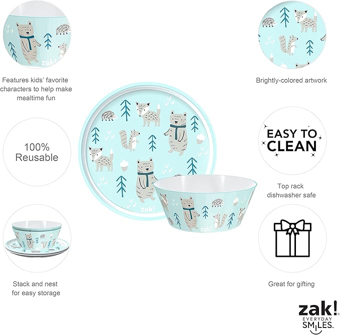 Zak Designs 5-Piece Dinnerware Set, Forest Friends - Durable Plastic & Stainless Steel - Includes Water Bottle, 8-Inch Plate, 6-Inch Bowl, Fork & Spoon - Suitable for Kids Ages 3+