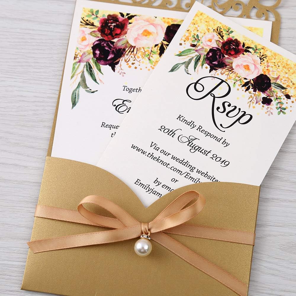 5X7.2 Inch 50PCS Personalized Laser Cut Gold Wedding Invitations With Rsvp Cards And Envelopes And Ribbon Belly Band Pearl Embellishments Wedding Invitation Cards For Wedding Invite