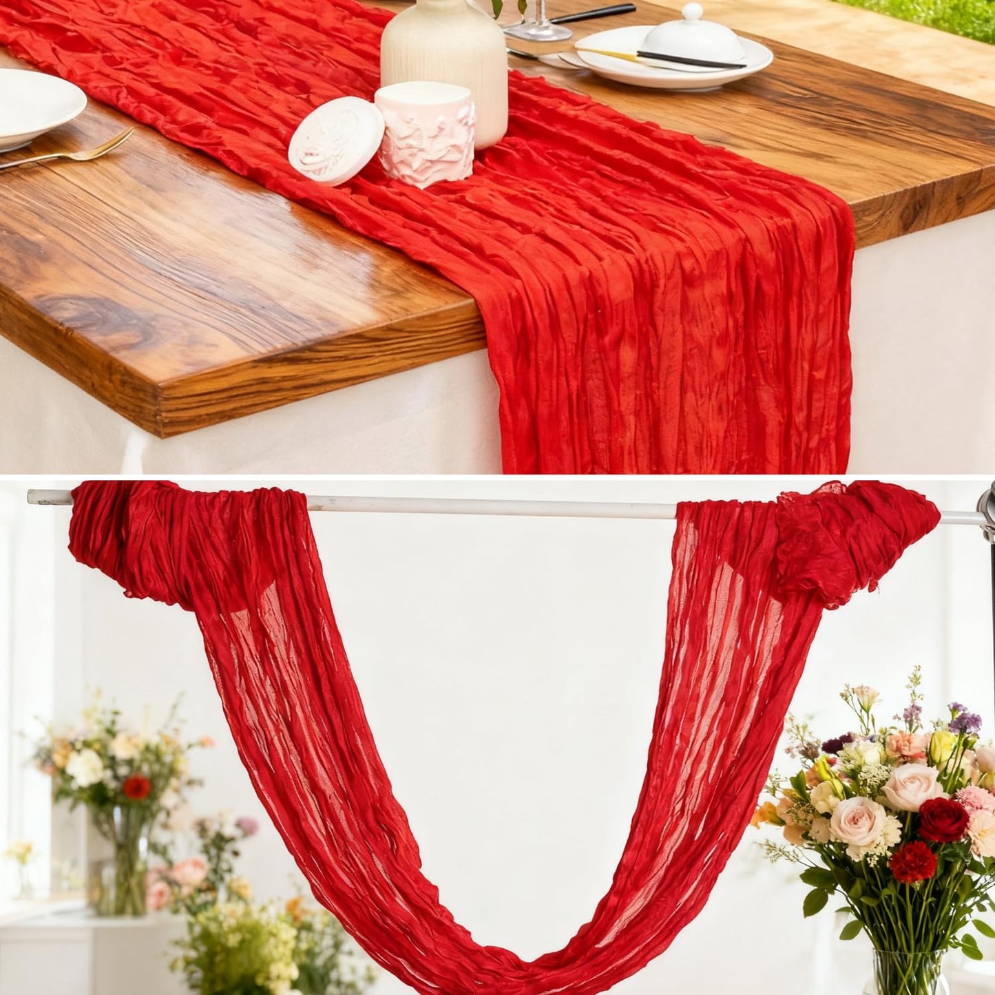 6 Pack Christmas Table Runner Red Cheesecloth Table Runner, 120 Inch Boho Gauze Table Runner, Rustic Sheer Cheese Cloth Fabric for Wedding Bridal Baby Shower Party Centerpiece Home Decor