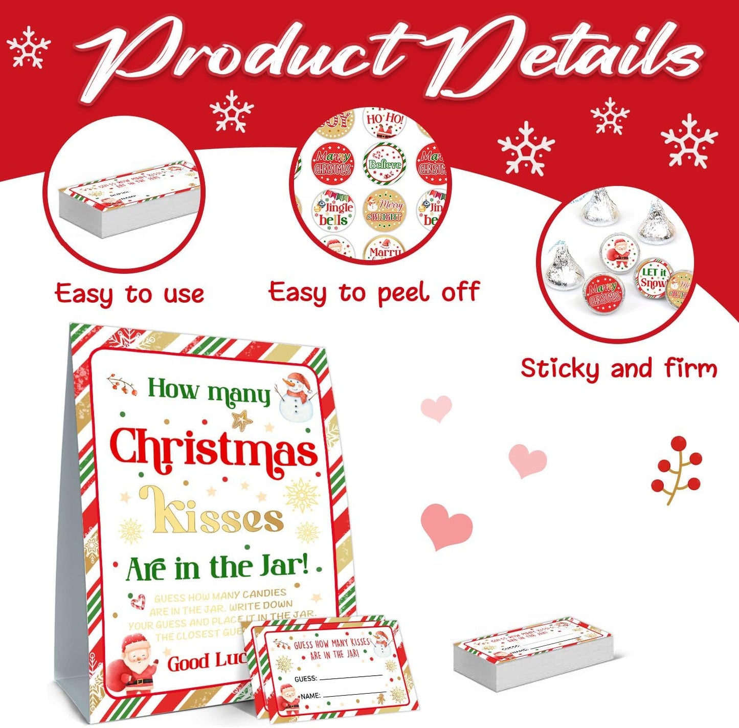 Guess How Many Christmas Kisses Game, How Many Kisses Standing Sign 50 Guessing Cards 180 Christmas Kisses Stickers, Christmas Games for Adults, How Many Kisses Christmas Game Set for Christmas