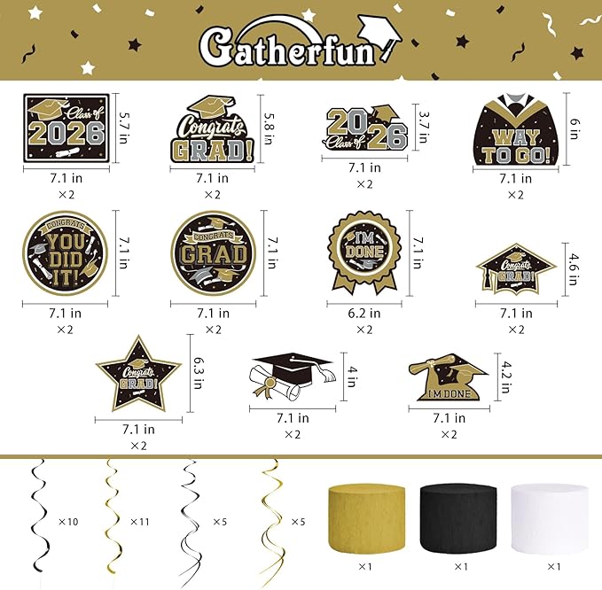 Black and Gold Themed 2026 Graduation Decorations Set - Congrats Grad Banner, Class of 2026 Backdrop, Balloons & Streamers Kit - Graduation Party Supplies for High School & College Celebrations