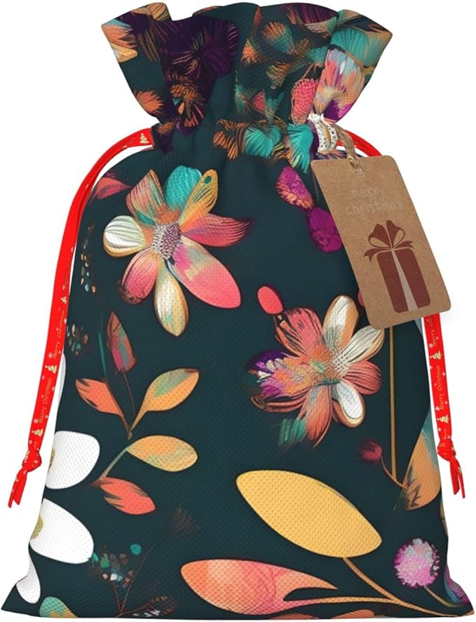 Colorful Boho Floral Printing Christmas Drawstring Gift Bags With Holiday Present Xmas Party Favors Fillers Sacks