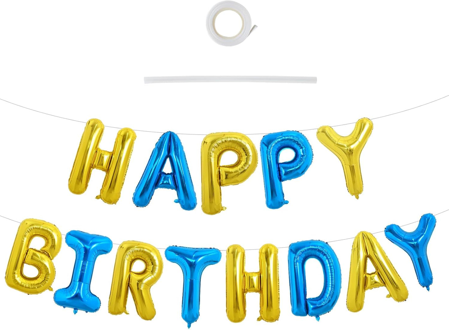 TONIFUL Happy Birthday Balloons with Ribbon Straw, 16 Inch Mylar Letters Birthday Sign Banner Bunting Reusable for Girls Boys Kids & Adults Party Decorations Supplies（Gold Blue）