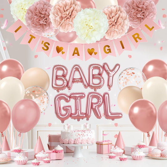 Pink Baby Shower Decorations with Ivory White Paper Pom Poms Rose Gold Dusty Pink Balloons Banner for Gender Reveal Birthday Party Baby Shower Decorations