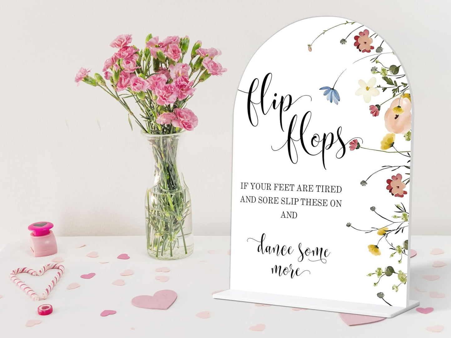 Wedding Flip Flops Sign, Flower Style Wedding Signs for Reception for Bridal Shower and Reception, Bridal Shower Decorations, Wedding Shower Favors, 6X8 Inch Acrylic Arch Sign with Stand,36
