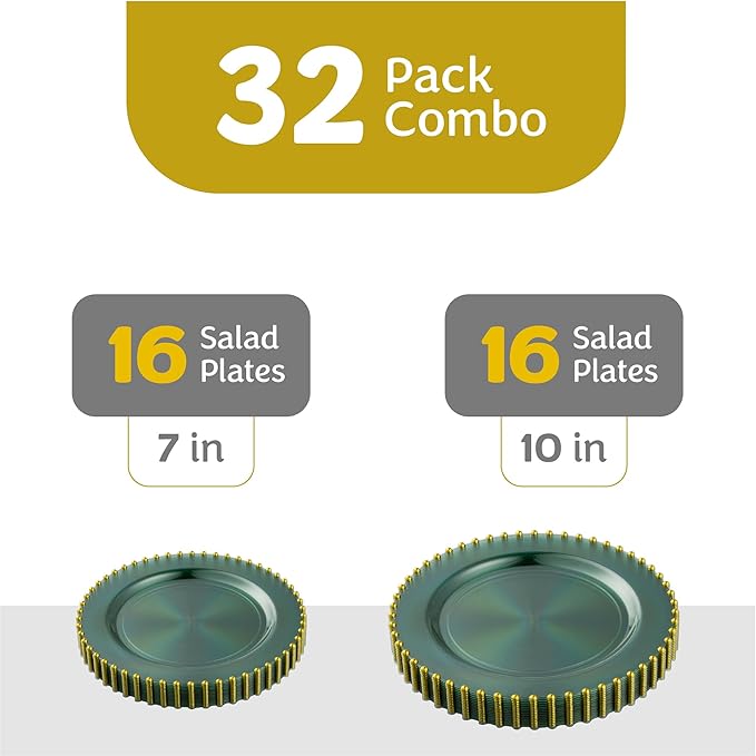 PLASTICPRO 32 Piece Combo Plastic Dinner Plates Disposable Plastic Fancy Heavy Duty Party Dishes 7 inch and 10 inch, Translucent Green and Gold Beaded