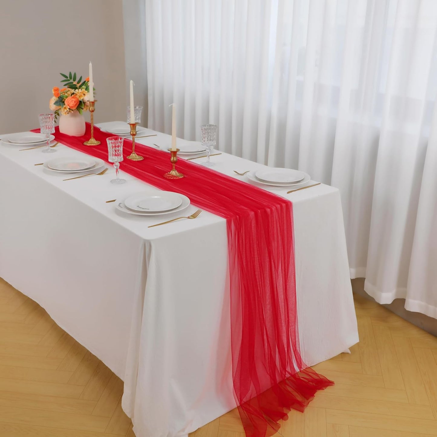 Snowkingdom Red Table Runner, 10FT Sheer Tulle Cheesecloth Gauze Table Runner, Boho Rustic Vintage Cheese Cloth for Christmas Wedding Party Bridal Baby Shower Long Table Decorations 120 inch