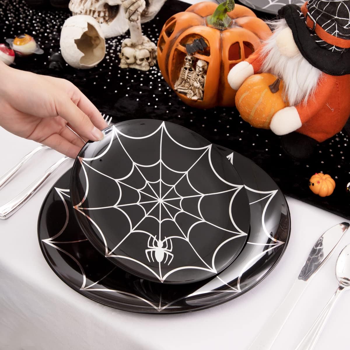 NOCCUR 60PCS Halloween Plastic Plates - 30 Black Dinner/Dessert Plates - Ideal for Halloween Party