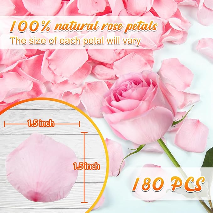 Eslibin 180 PCS Real Pink Dried Rose Petals Confetti for Wedding, 1.75oz Freeze Rose Petals for Romantic Pink Wedding Valentine's Day Proposal Decor, Dinner Centerpieces Party