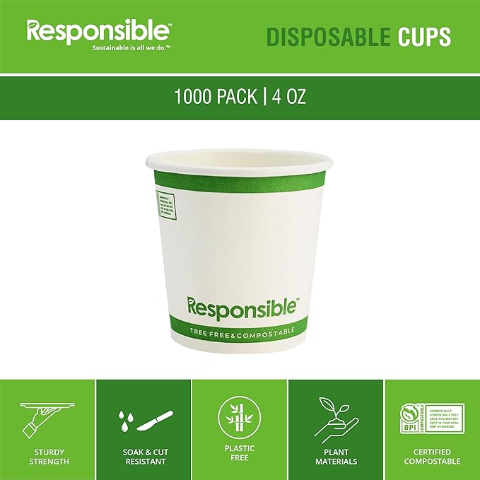 Responsible Products 4 oz Paper Hot Cups, Tree-Less™ Compostable Paper Coffee Cups, Extra Strength, Tree-Free and Made Without PFAS, White (1000 Count)