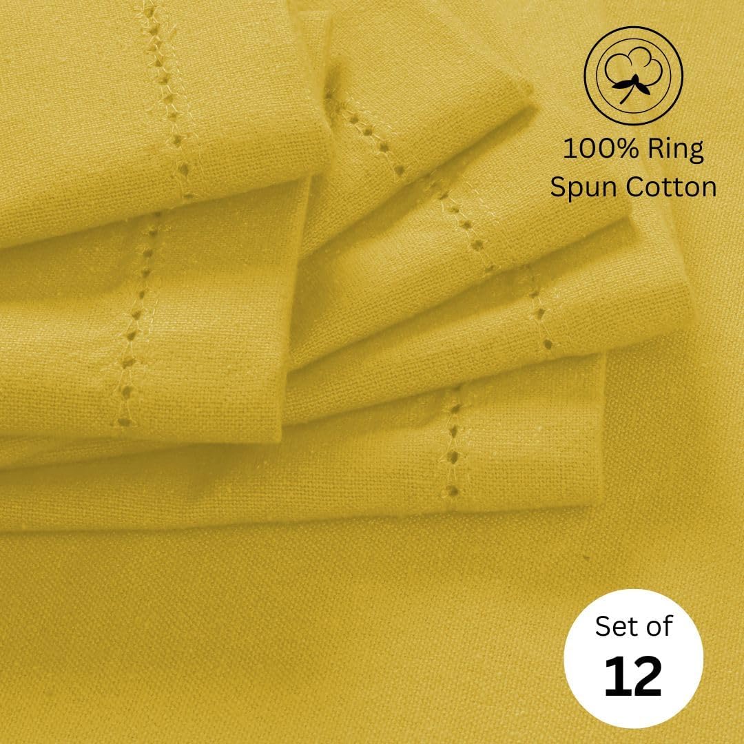 Hemstitch Cloth Dinner Napkins 100% Cotton Set of 12 - for Dining Special Occasions Weddings Parties Holidays Easter - Soft Durable Reusable - Elegant 18x18 Inch Table Cloth Napkins Yellow