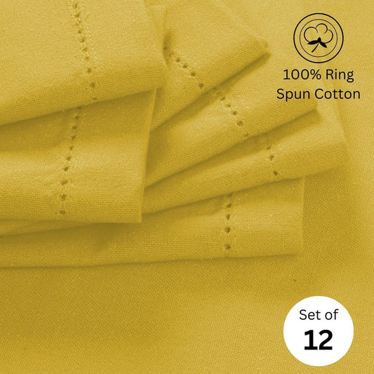 Hemstitch Cloth Dinner Napkins 100% Cotton Set of 12 - for Dining Special Occasions Weddings Parties Holidays Easter - Soft Durable Reusable - Elegant 18x18 Inch Table Cloth Napkins Yellow