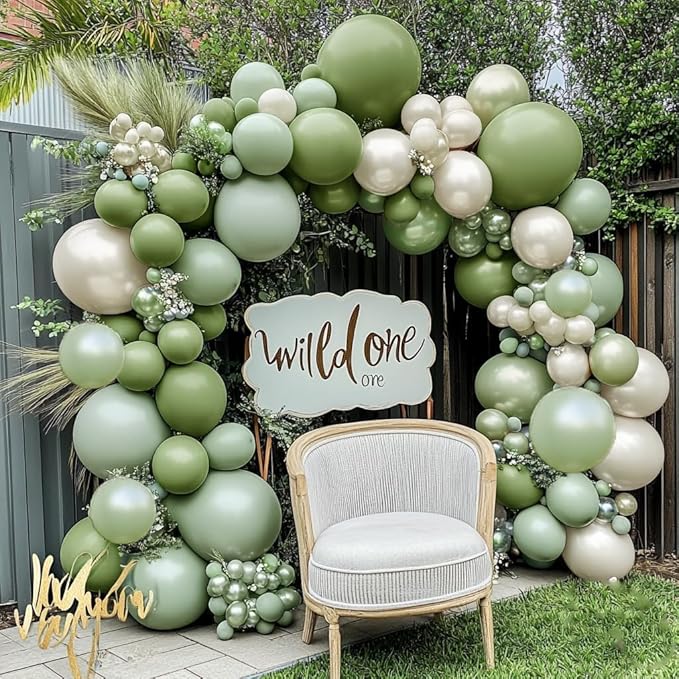 Green White Balloon Garland Double Stuffed Sage Green Gold Pearl White Balloons Arch Kit Dusty Pastel Cream Sand Latex for Christmas Baby Shower Birthday Engagement Party Decorations