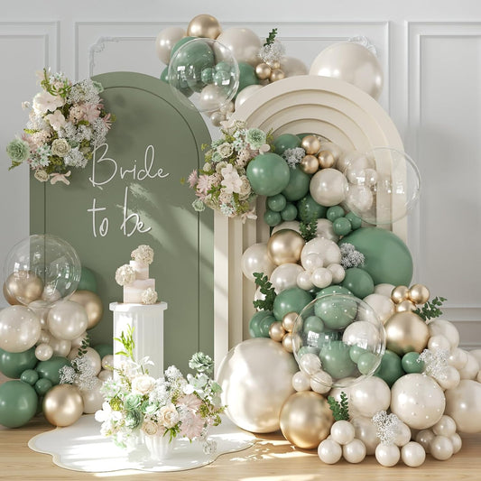 CROSSFINGERS Pearl Sage Green Balloon Arch Garland Kit, 128pcs Double Stuffed Pearl White Gold Balloons for Birthday Wedding Baby Shower Bridal Shower Engagement Party Decoration