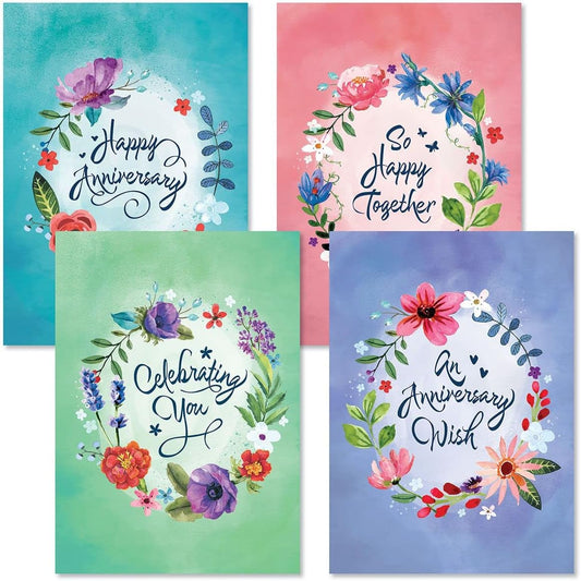 Happy Together Anniversary Greeting Cards - Set of 8 (4 Designs), 5 x 7 Inches, Sentiments Inside