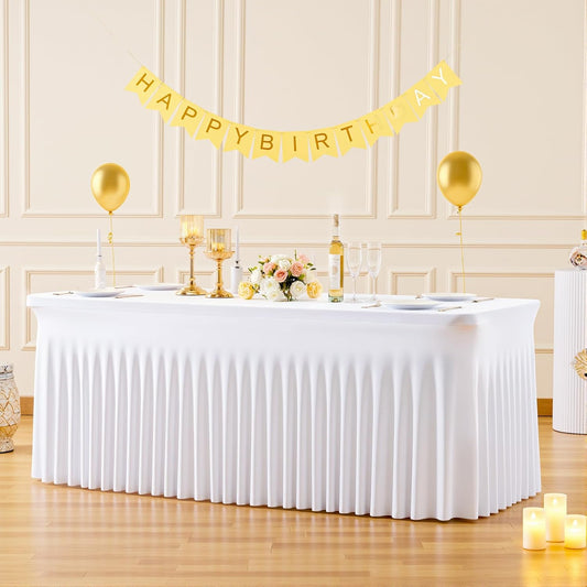 Suppromo 6ft White Spandex Tablecloths for Rectangle Tables Wrinkle Free White Table Cloth Rectangle Stretch Fitted Table Cover with Skirt for Wedding Birthday Party Banquet Baby Shower Buffet Event