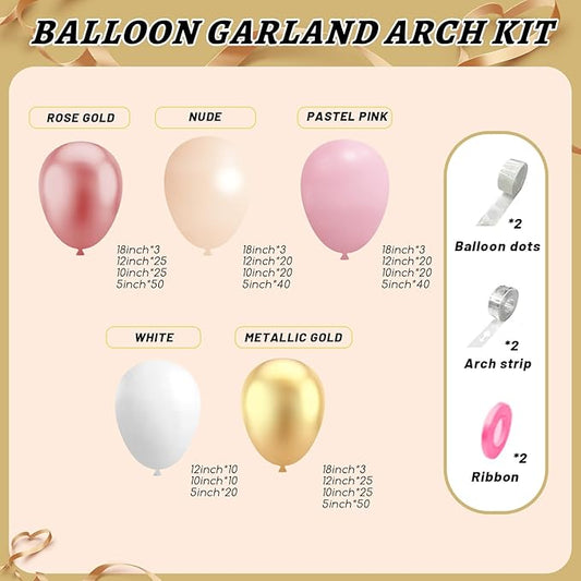 412Pcs Rose Gold Balloon Garland Arch Kit,18 12 10 5 Inch Nude Pastel Pink Metallic Gold White Balloons for Women Girls Birthday Bridal Baby Shower Decorations