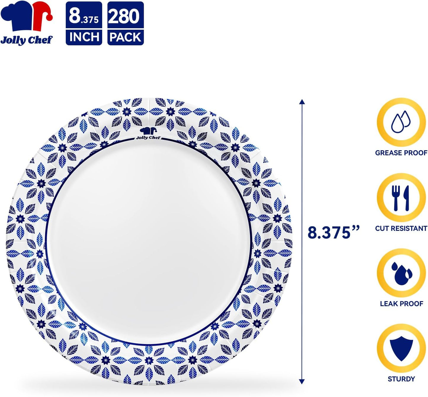 JOLLY CHEF 8.37 inch Paper Plates 280 Count Soak Proof, Cut Proof, Heavy Duty Printed Disposable Plate for Thanks Giving or Everyday Use