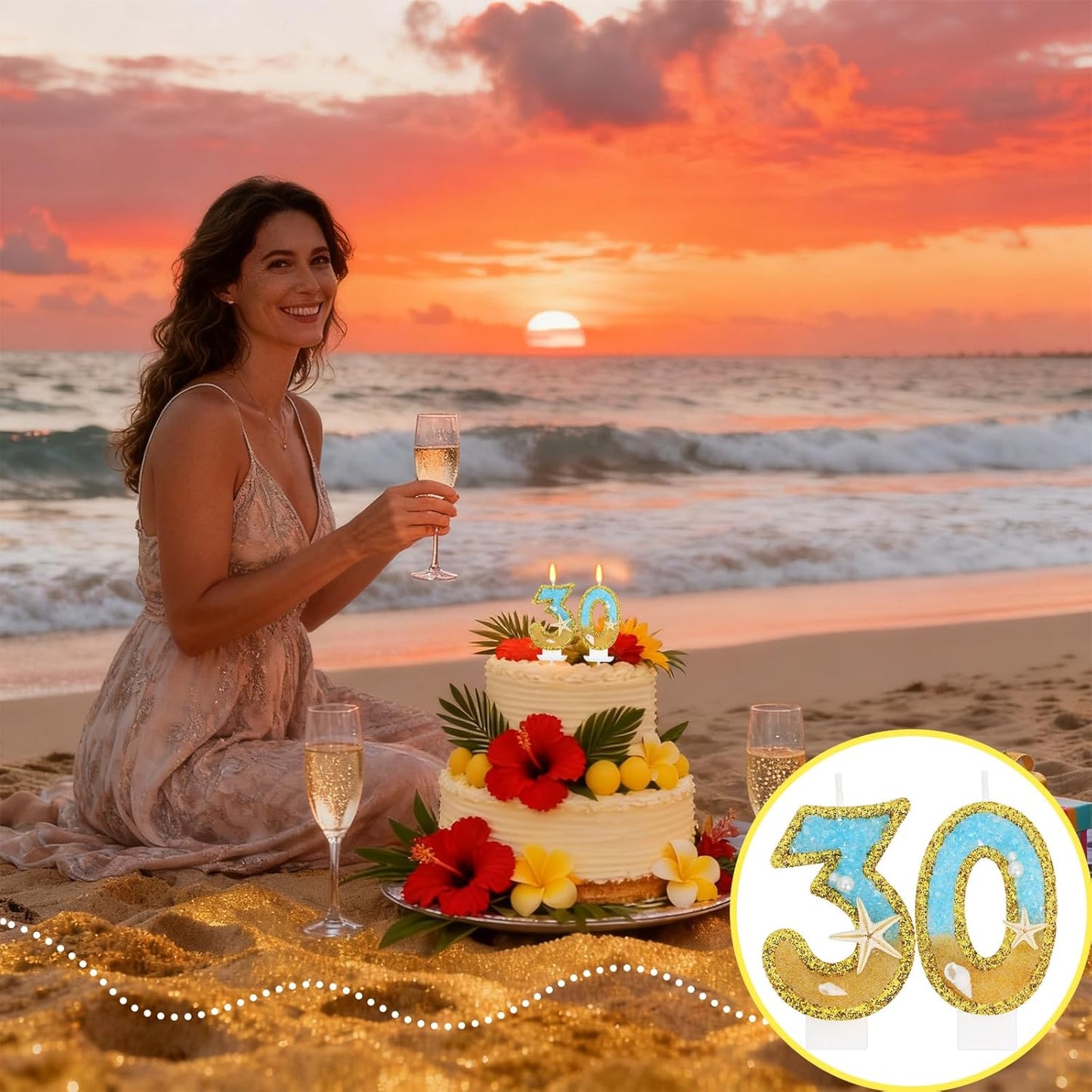 Ocean Number 30 Candle, Glitter Gold Beach Starfish Cake Topper, Tropical Ocean Princess Birthday Decorations for Party Supplies Wedding Anniversaries